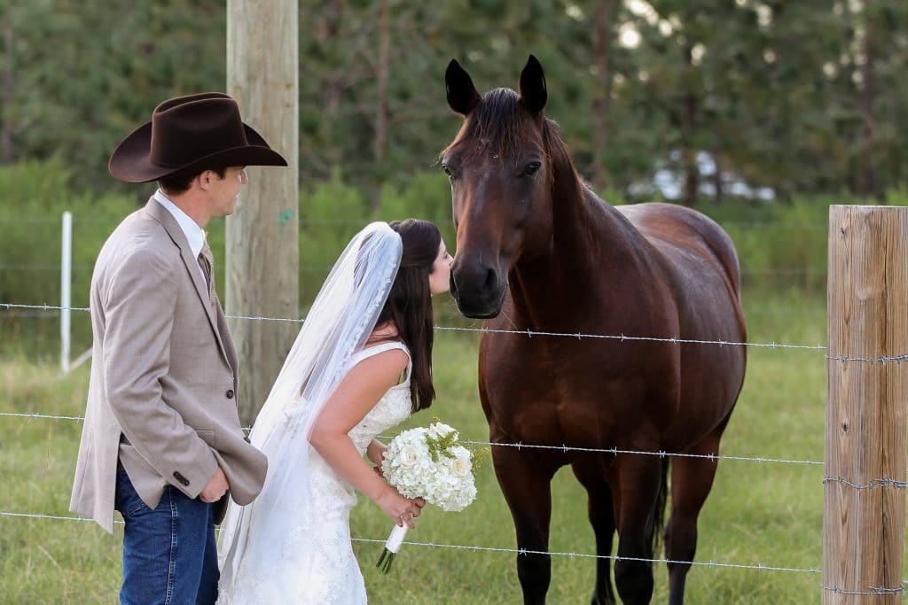 bride kissing horse as groom watches at the Diamond L Venue in Volusia County, near Deltona, FL