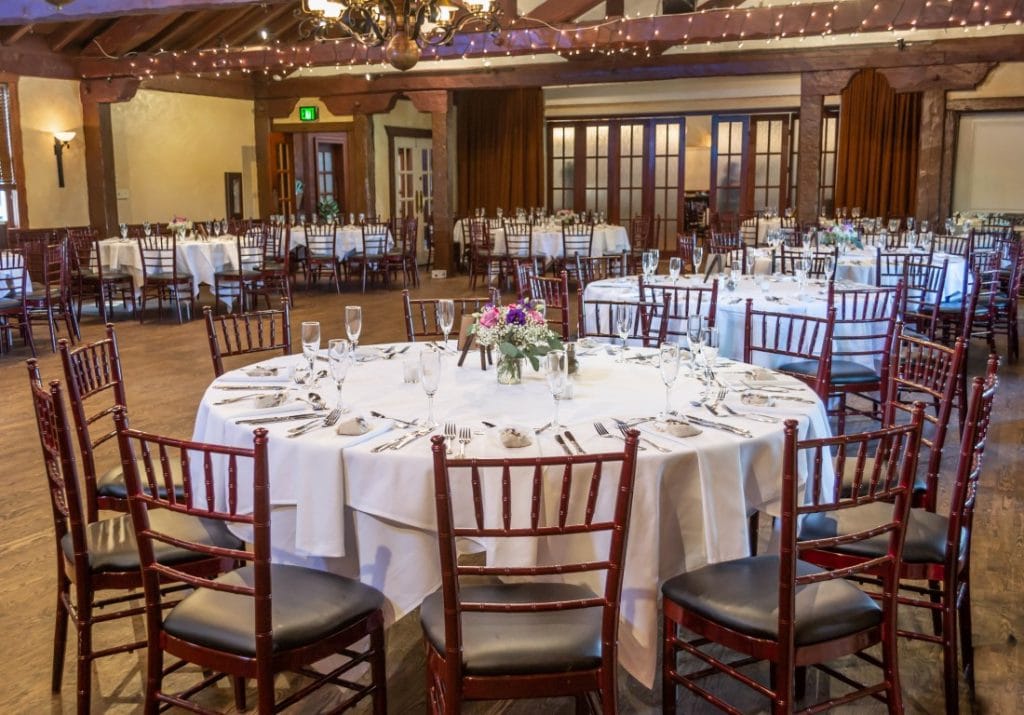 Historic-Dubsdread-Ballroom-Table setting at reception ballroom
