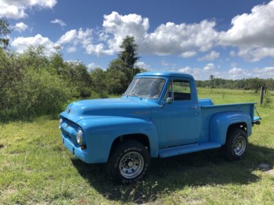 Mystical Winds blue pickup truck in field