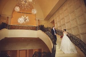 bride and groom on gorgeous marble stairs, Orlando, FL