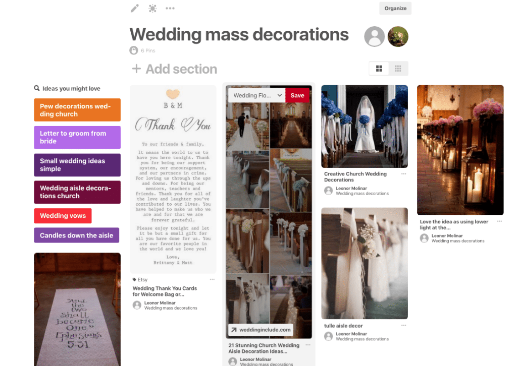 Sample of Pinterest wedding board