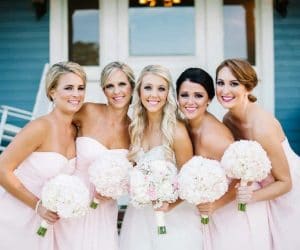 DNA Cosmetics - bride with bridesmaids monochrome dresses and bouquets
