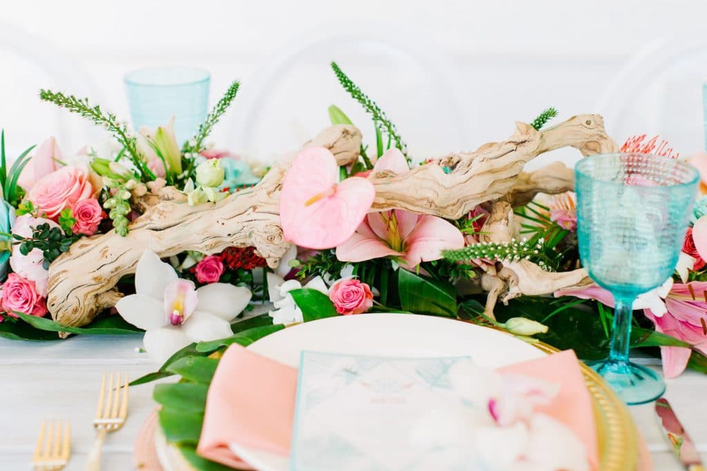 Atmospheres Floral - orchid and driftwood centerpiece in soft pinks and turquoise