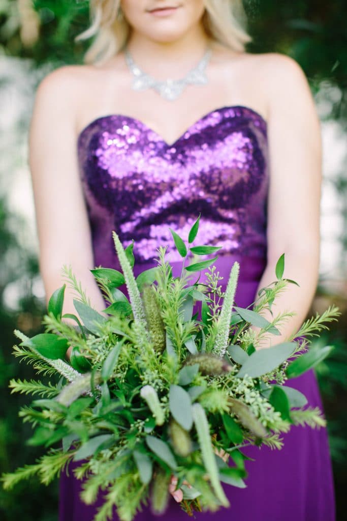 Atmospheres Floral - all green bridesmaid bouquet with bridesmaid in purple chiffon and sequins