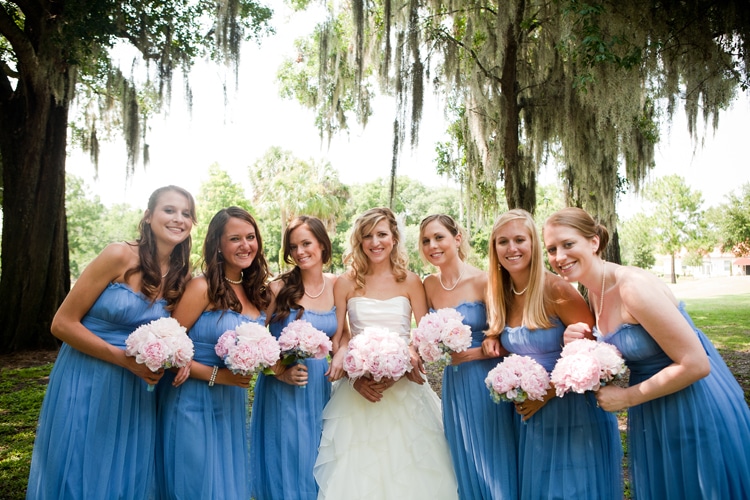 bride with bridesmaids in cornflower blue