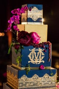 Everything Cake - blue and gold cake with monogram