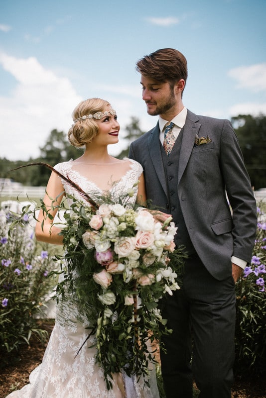 Laura Reynolds Artistry - 1920's inspired bride with headband and large cascading bouquet