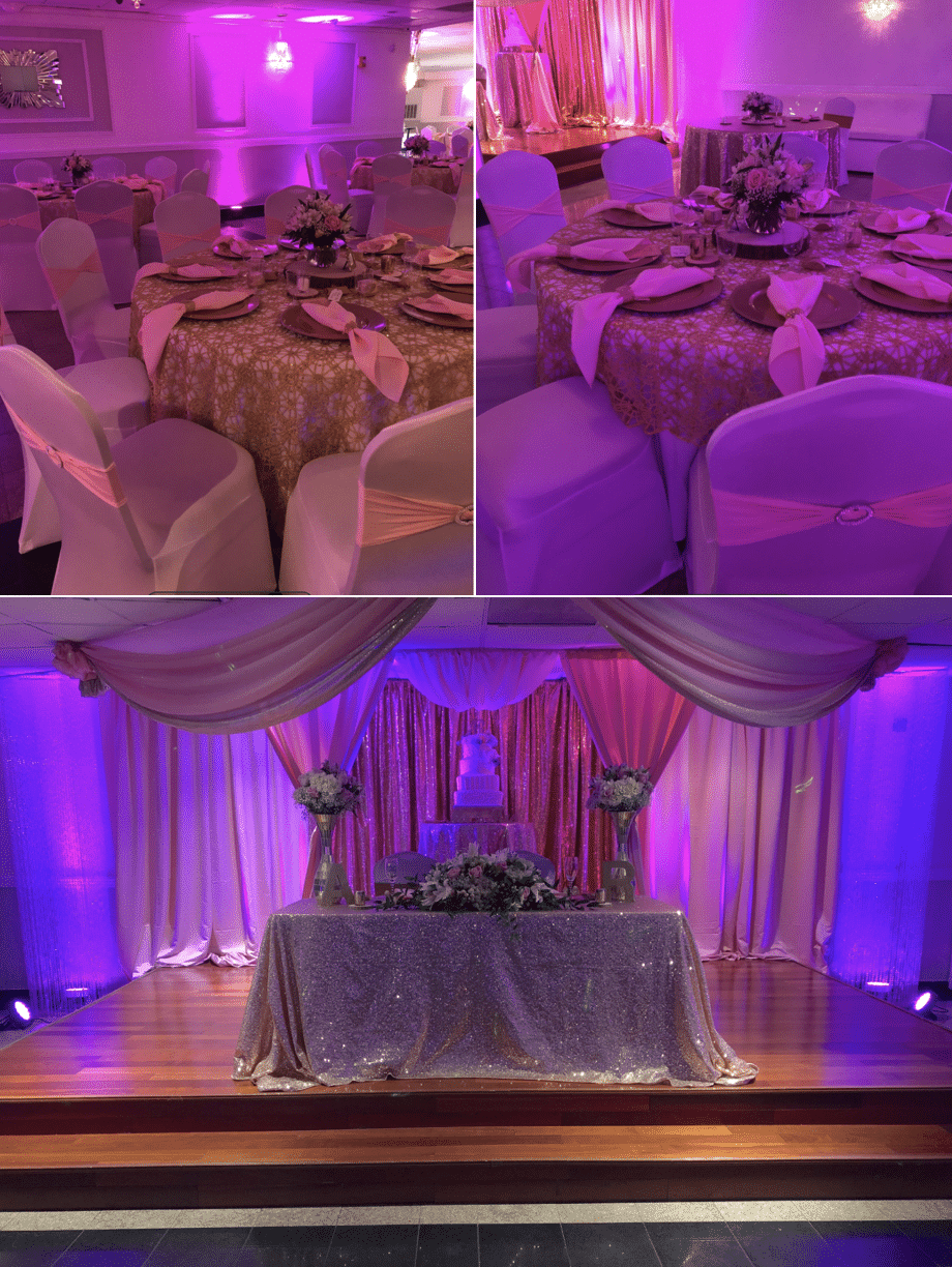 Seaquel Banquet Hall - reception hall collage with romantic pink uplighting