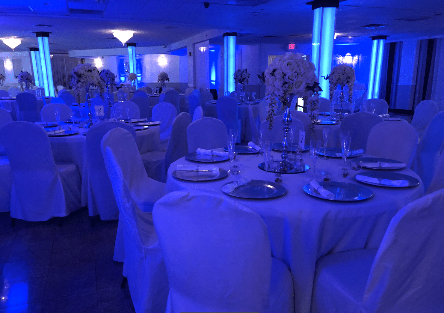 Seaquel Place Banquet Hall - reception hall lit with blue columns