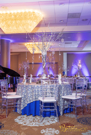 Florida Hotel and Convention Center - gorgeous ballroom with modern chandeliers and crystal tree centerpieces