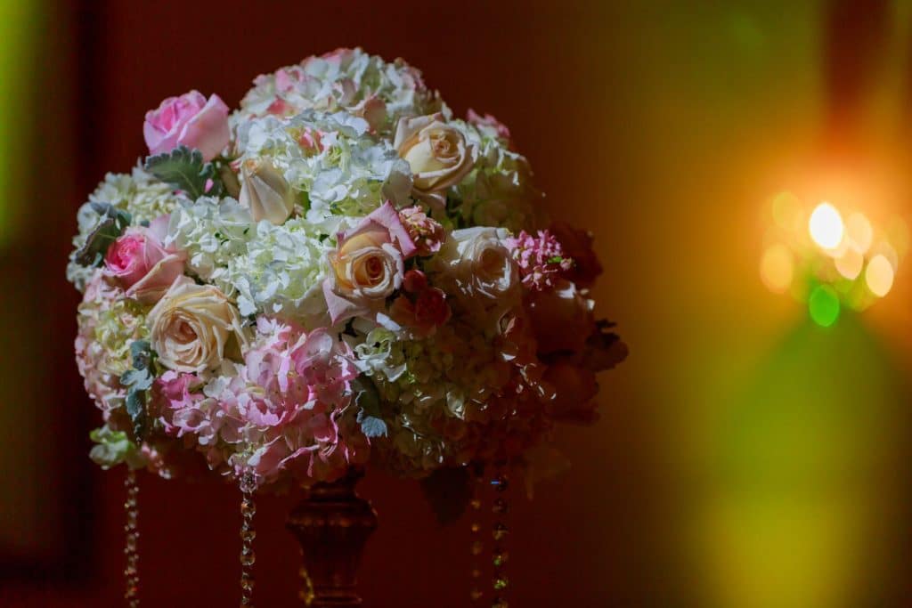 With This Ring - pink and gold floral centerpiece with hanging crystals