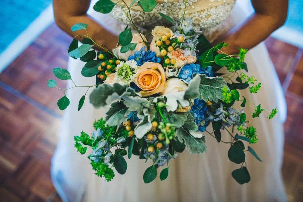 The Flower Studio - wedding bouquet with blue and peach flowers