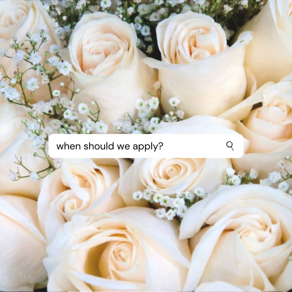 Bouquet of white roses text copy with When should we apply question