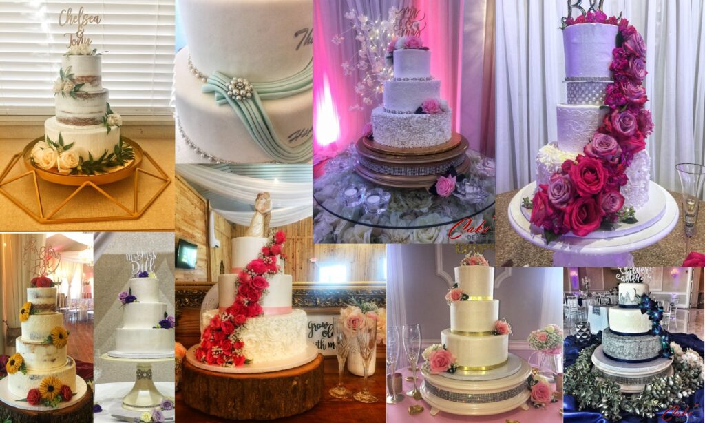 collage of images of white tiered wedding cakes with floral accents