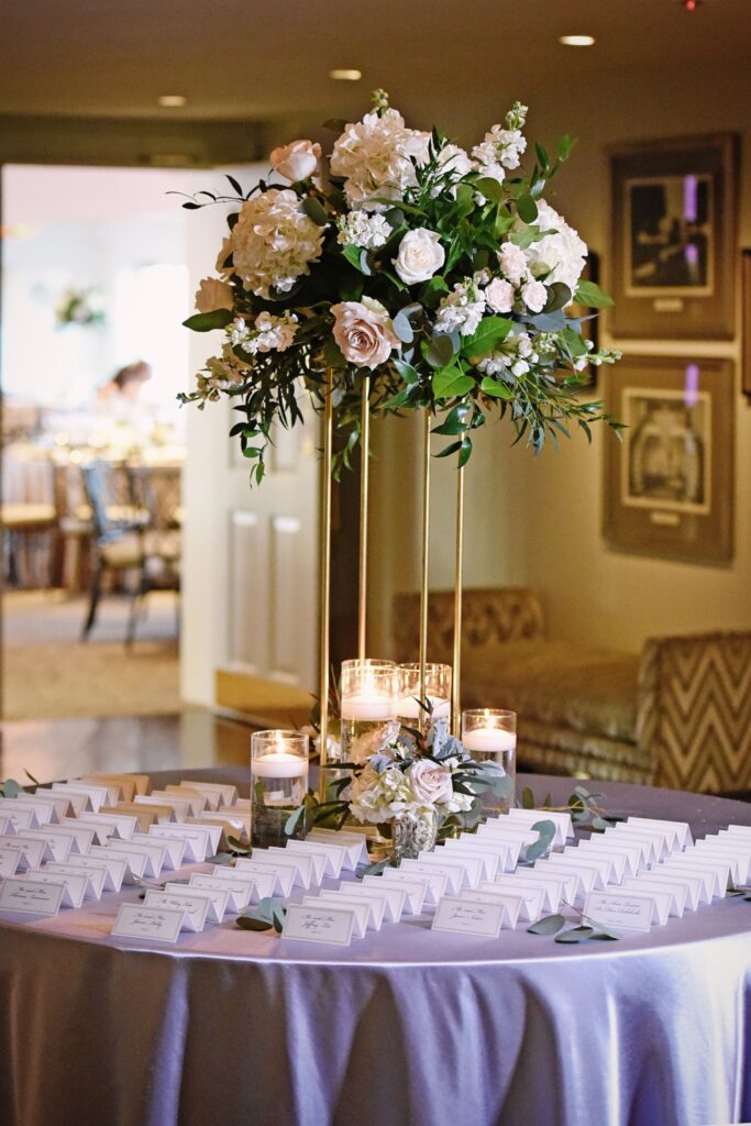 table with guests name cards decorated with flowers and candles