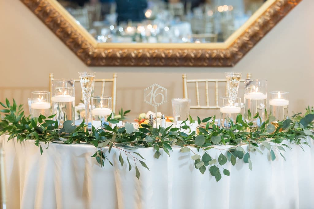 wedding table decor with greenery and floating candles