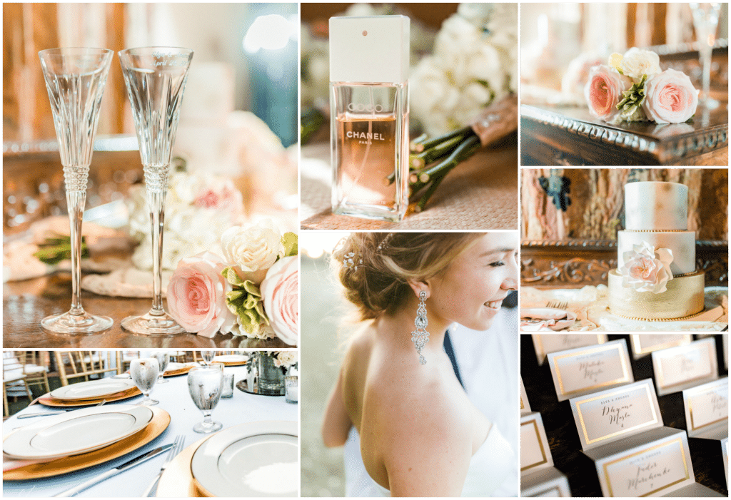 pink and gold wedding decor and bride collage