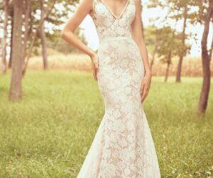 Bridal-Gallery-of-Orlando- Long lacey v neck thick strap dress with mermaid cut