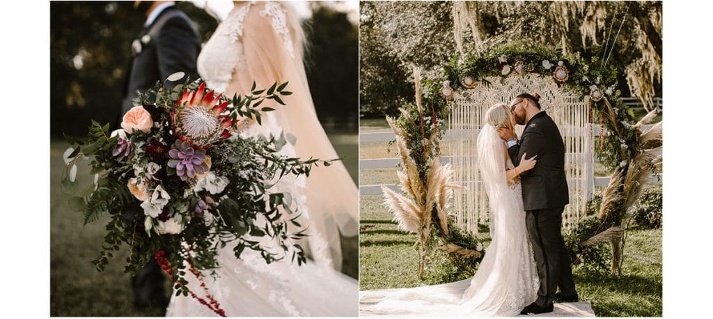bride and groom photos with bouquet and against wedding arch