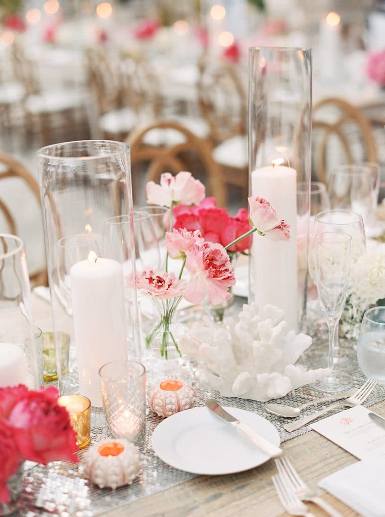 table setting with white and pink accents