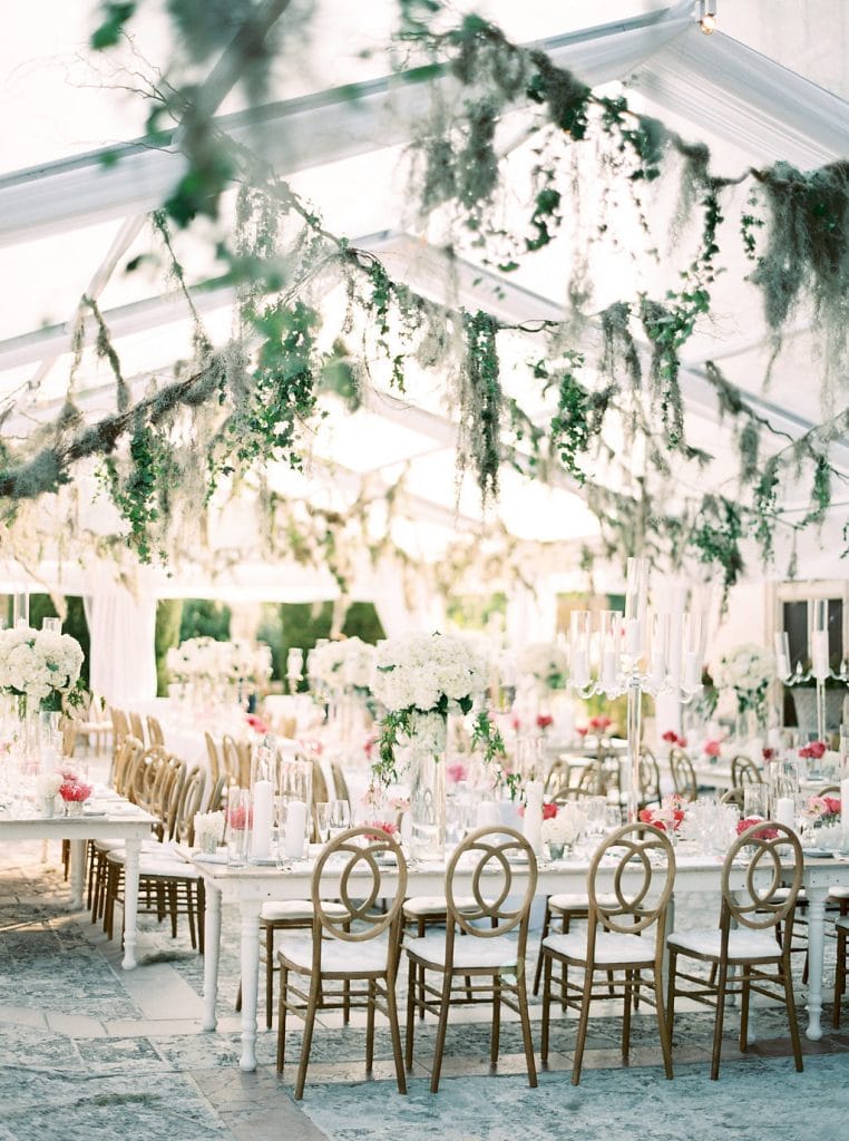 wedding reception with moss and ivy draping against white celing