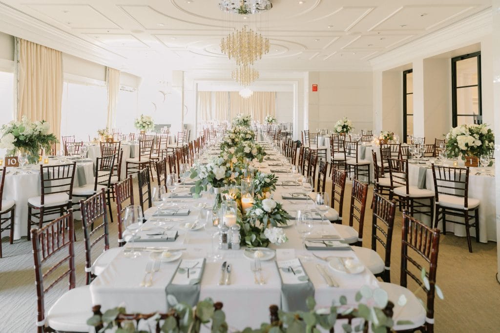 long wedding reception guest tables by Runway Events