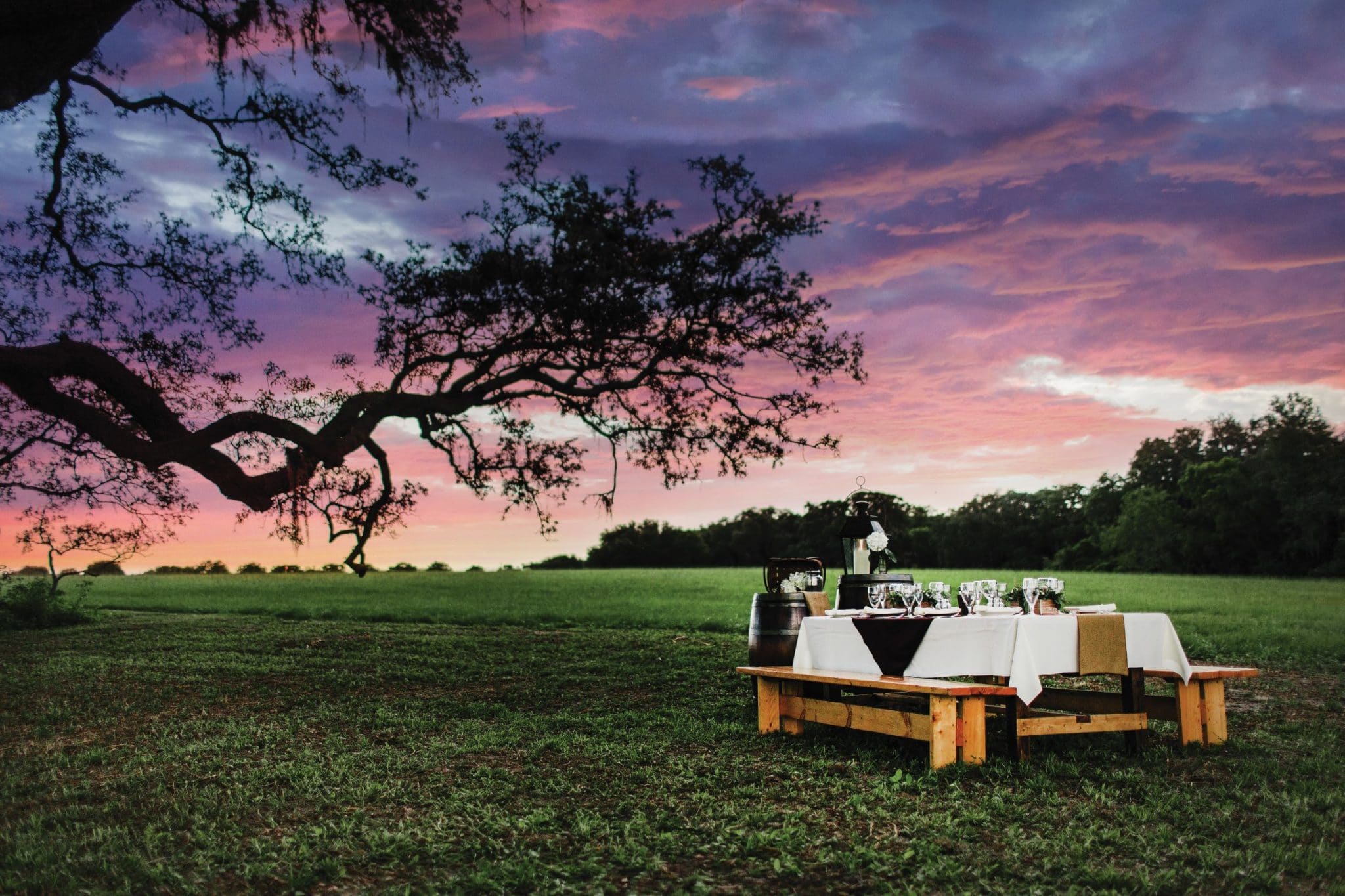 The Villages Polo Club - cute picnic table in field at sunset