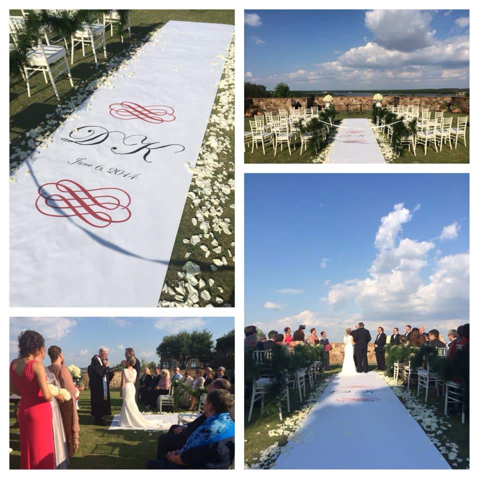 custom wedding aisle runners- monogrammed runner going down the aisle between where the guests sit