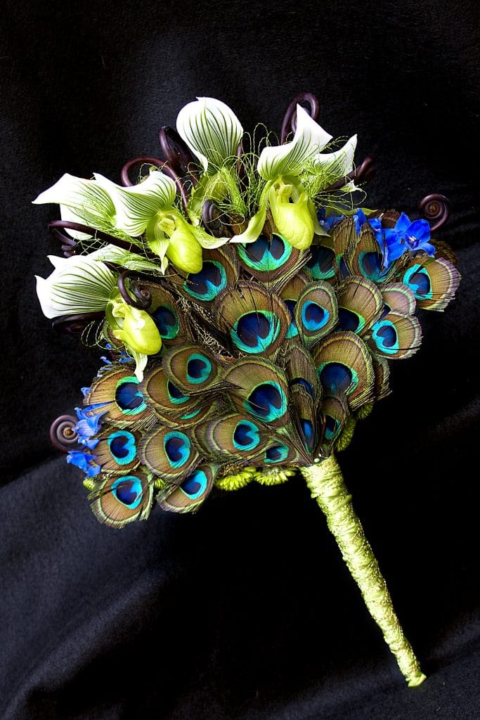 Fairbanks Florist - bouquet made with flowers and peacock feathers