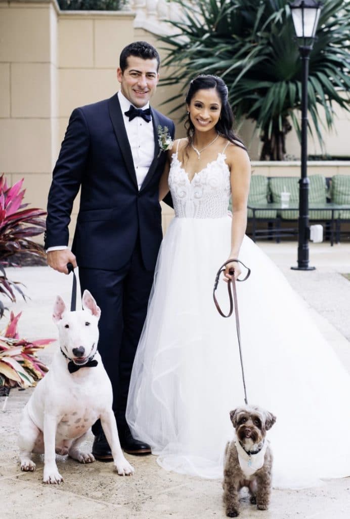 Furry-Ventures-Pet-Care-wedding couple with dogs on leashes