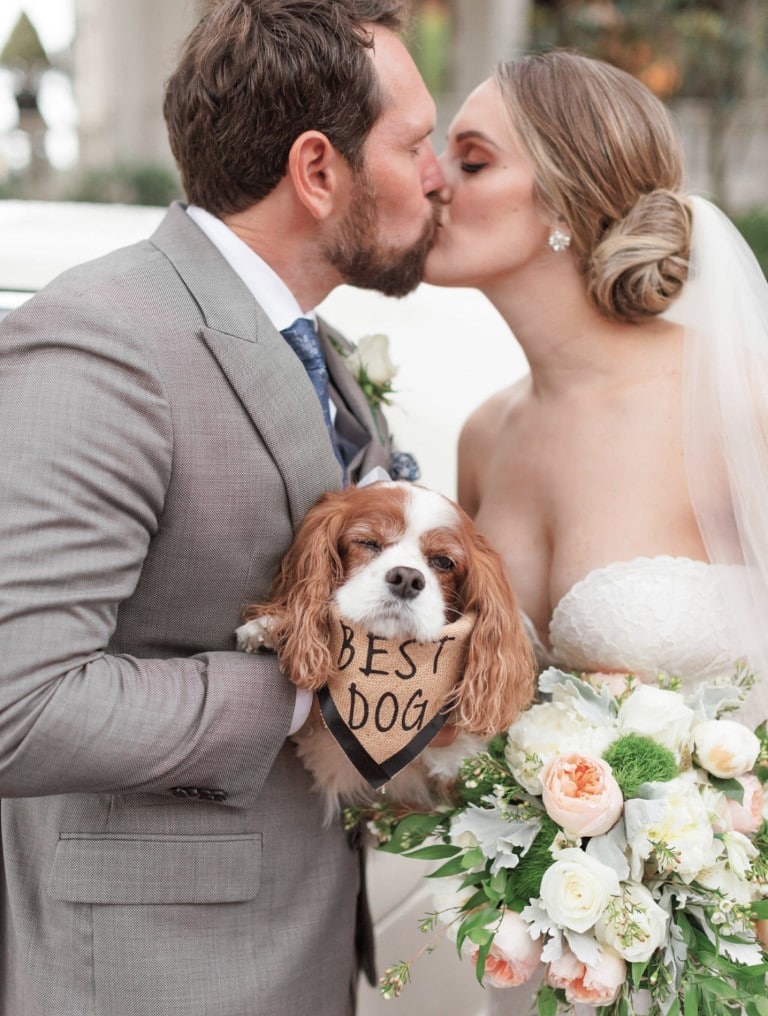 Furry-Ventures-Pet-Care-bride and groom kissing with best dog