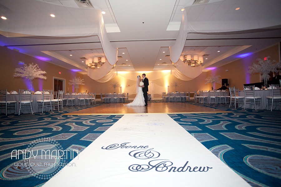 custom wedding aisle runners - white with names painted on runner leading to dance floor