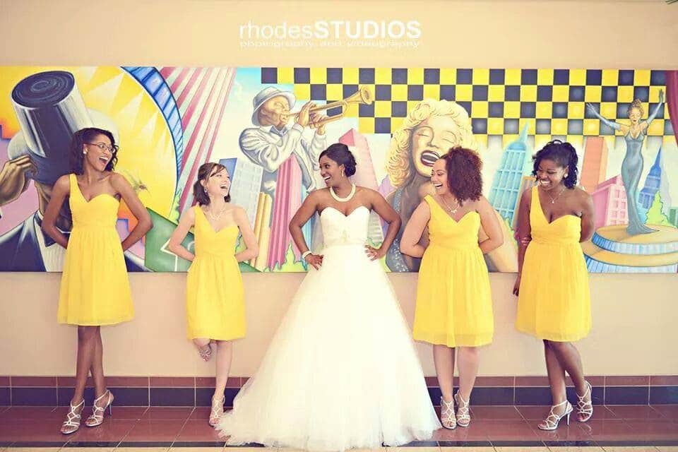 styling by Jazz It Up Artistry of bride and her bridesmaids all dressed in yellow