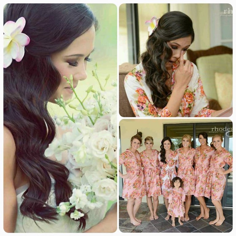 woman with flower in her hair, wiping her tears and wedding party with styling by Jazz It Up Artistry