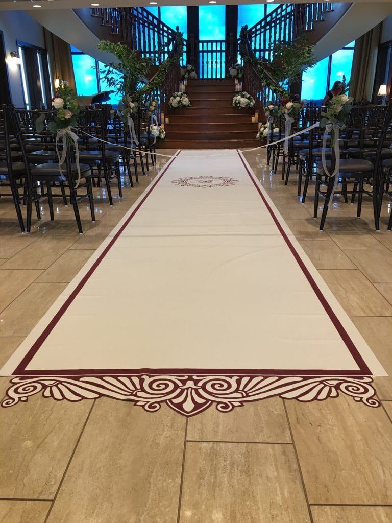 custom wedding aisle runners - cut out end design on runner going between chairs to bottom of steps