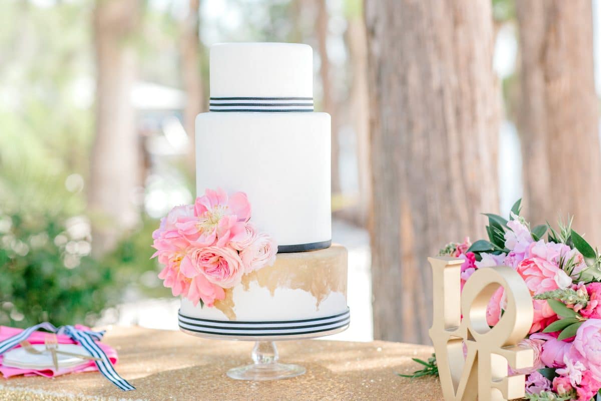 Bake A Wish - 3 tiered cake white with blue striped bottoms