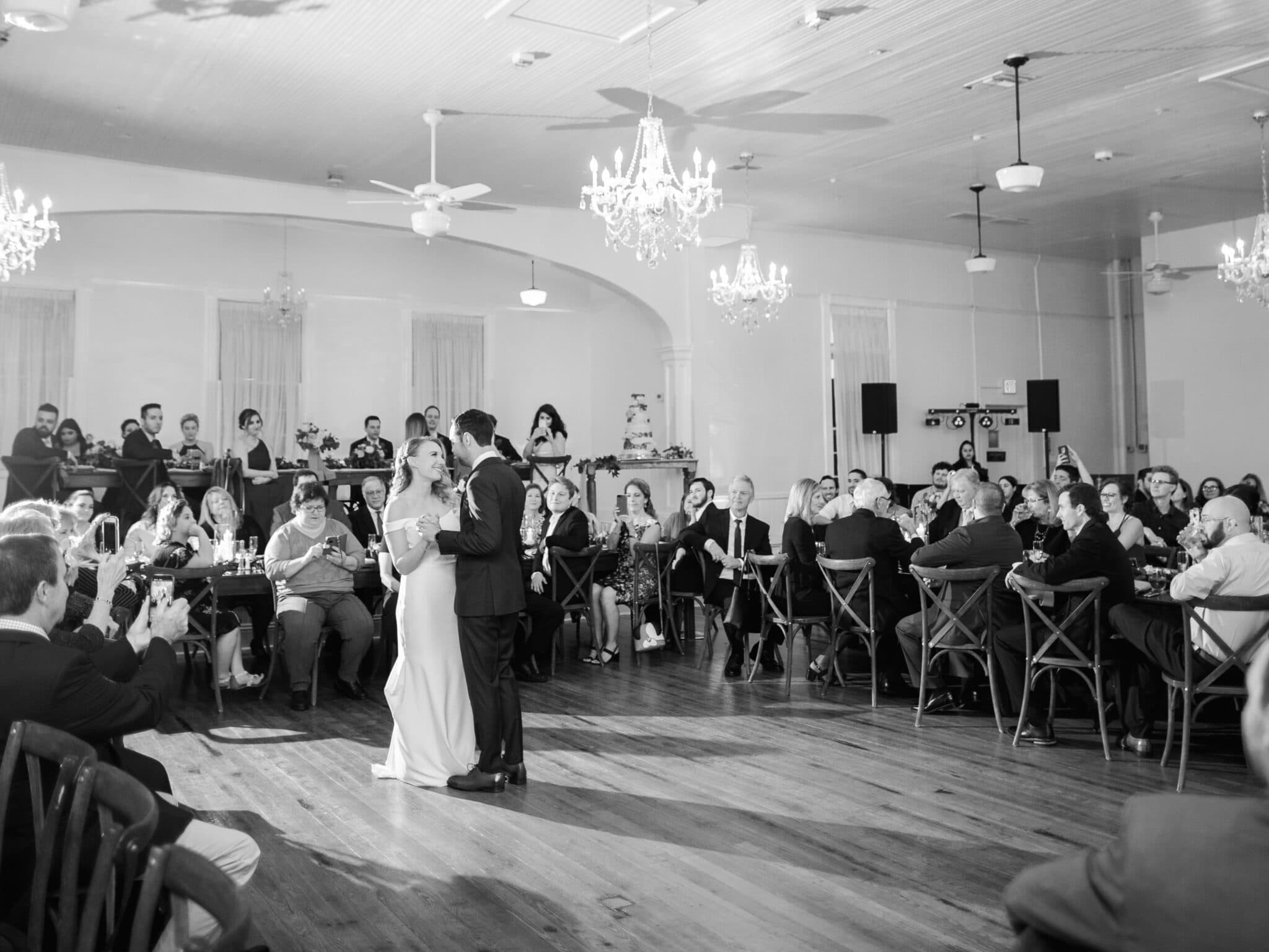 Venue 1902 at Preservation Hall, bride and groom first dance, in black and white