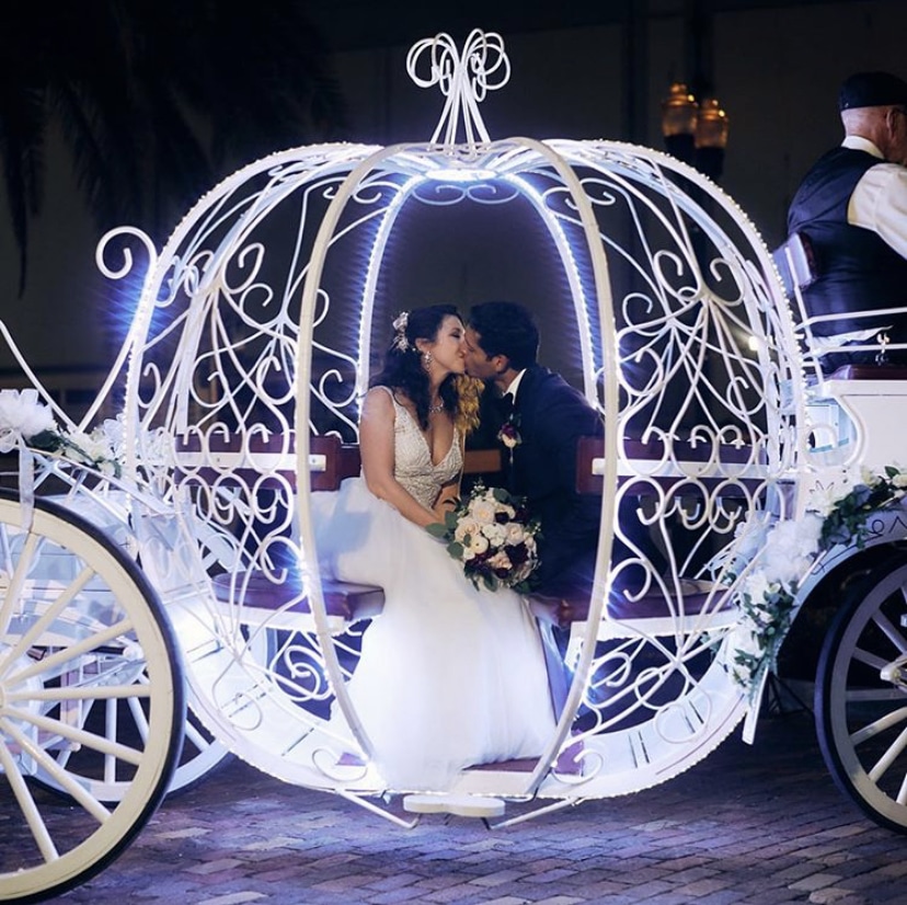 bride and groom kissing in lit up carriage