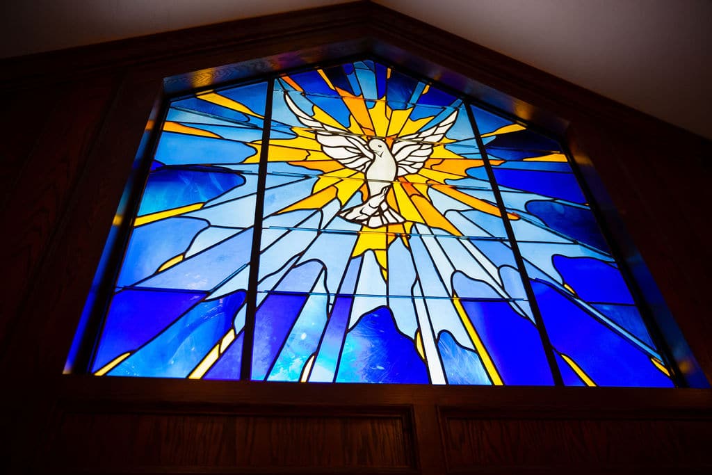 stained glass window in church with white bird in the middle surrounded by yellow and bright blue
