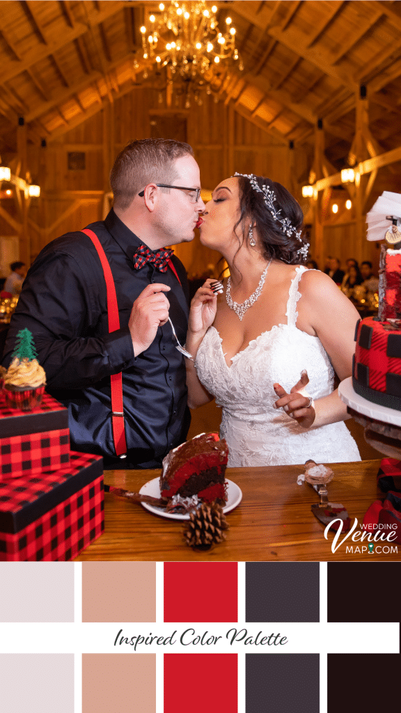 Helpful Guidelines To Make Choosing Wedding Colors Easy 19 - Choosing Wedding Colors - the Easy Way bride and groom kissing after cutting the cake, with matching color palettes visible from the cake to the grooms outfit