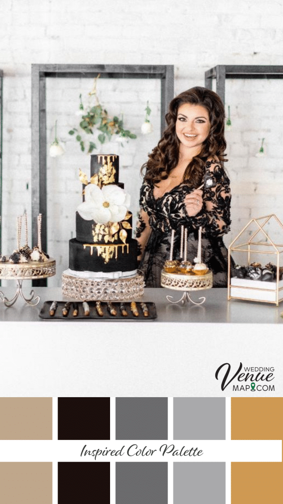 Helpful Guidelines To Make Choosing Wedding Colors Easy 23 - Choosing Wedding Colors - the Easy Way wedding cake and decorations with a black and gold color palette