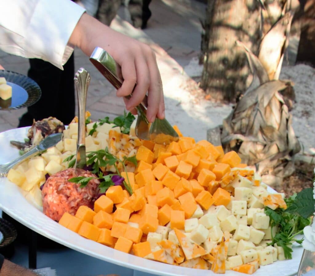 cheese plate filled with various cheeses and spreads during cocktail hour at an outdoor wedding reception