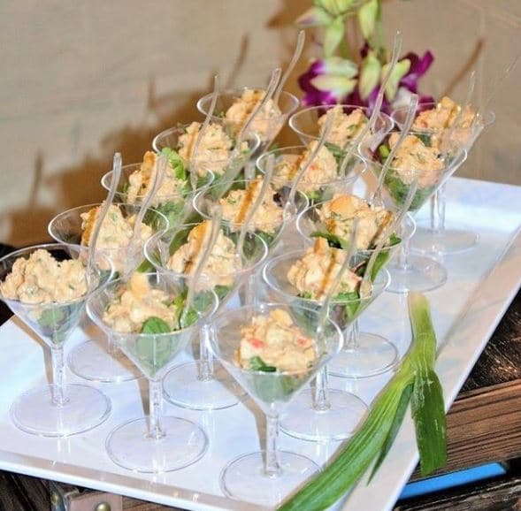 appetizers served in martini glasses during cocktail hour of wedding reception