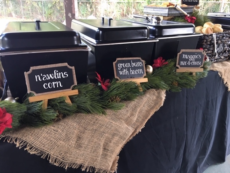 corn, green beans, and mac-n-cheese served during wedding buffet from Mission BBQ