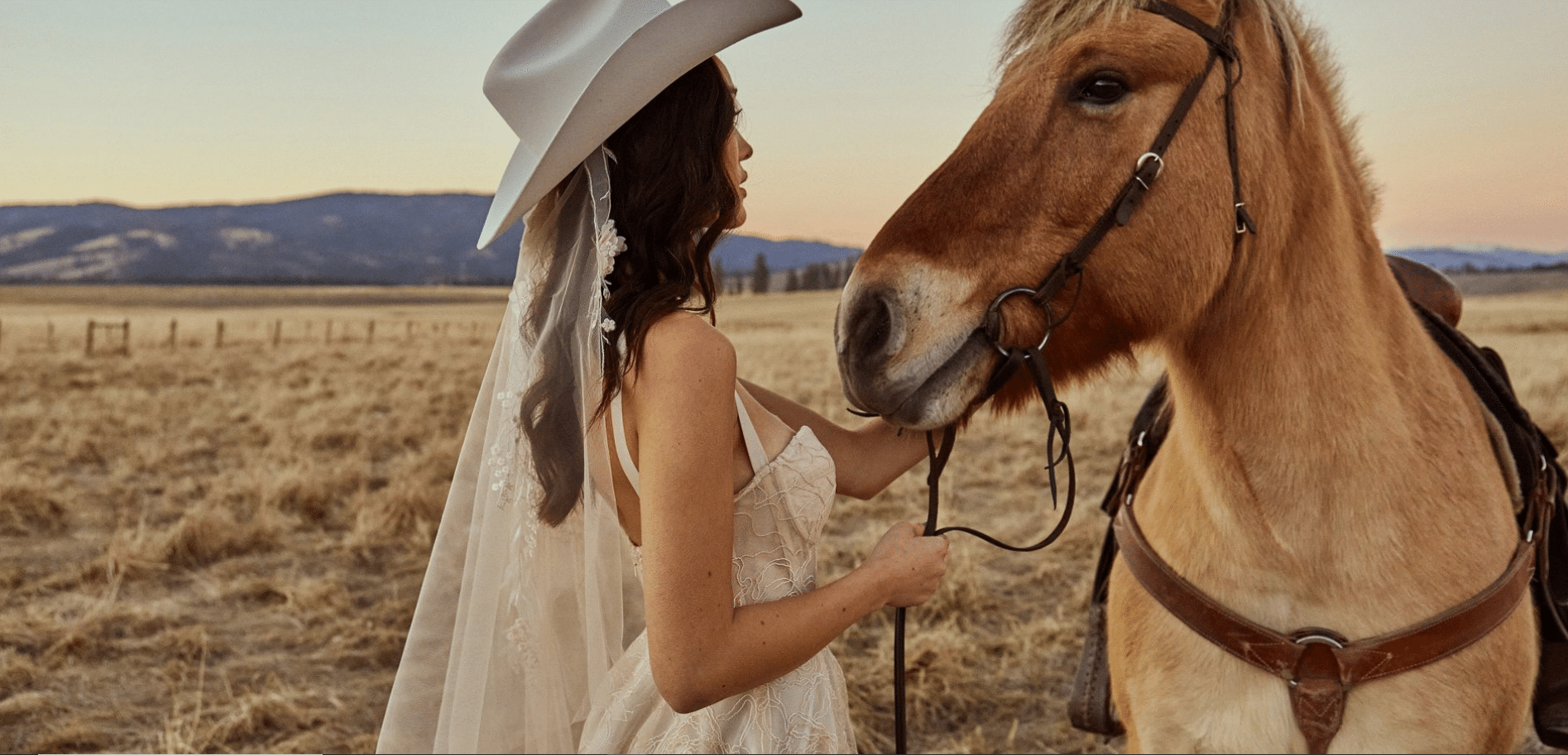 bride in cowboy hat holding a horse by the reins