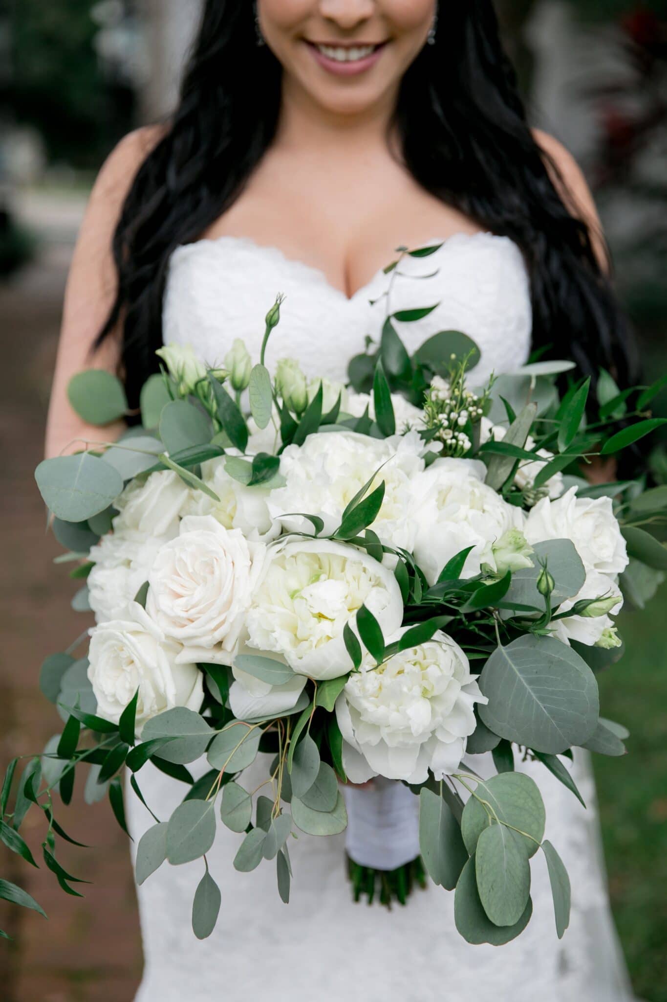 close up of brides white floral bouquet