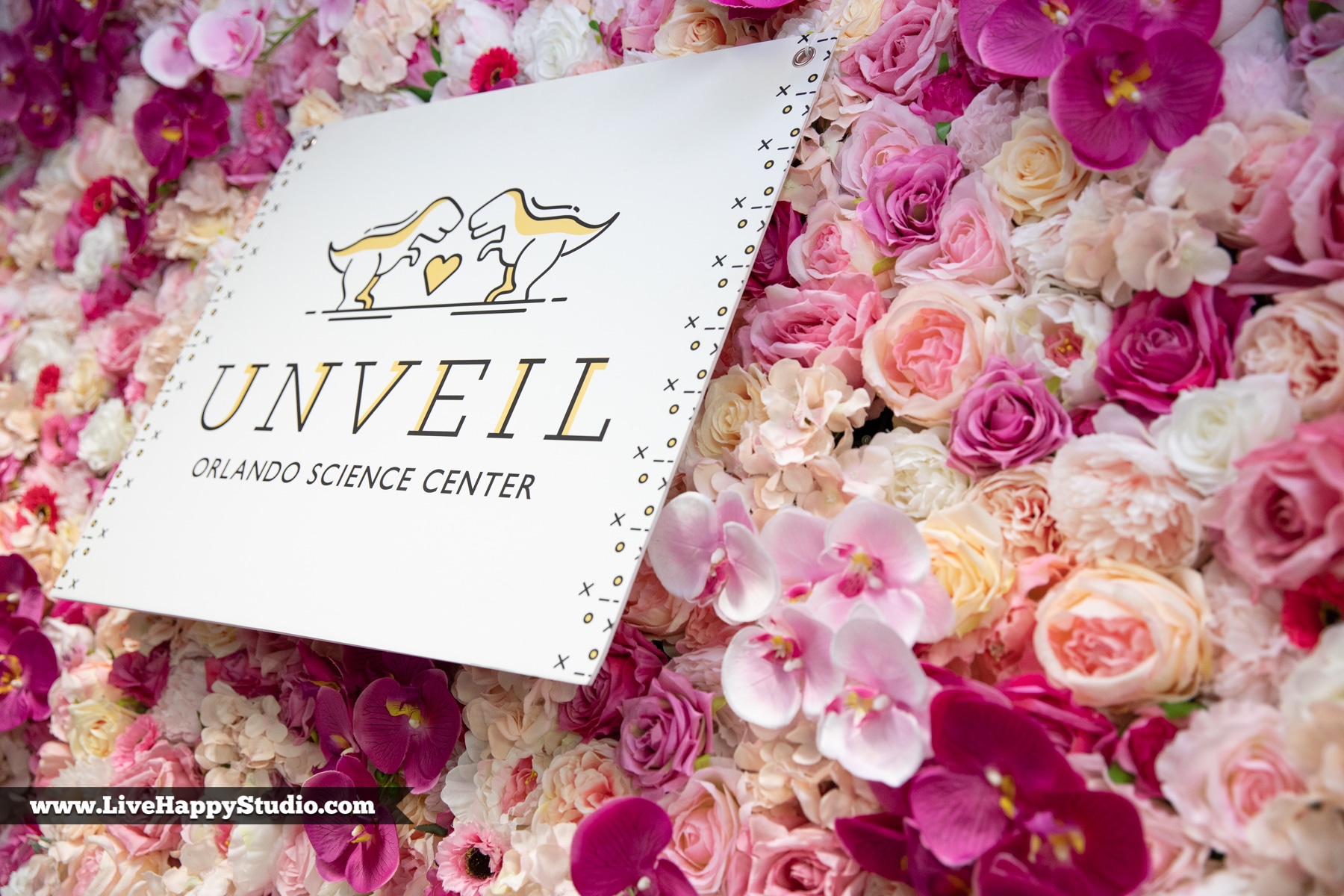 Unveil sign on pink flower wall