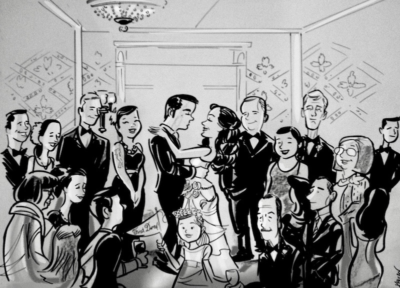 black and white drawing of a wedding ceremony
