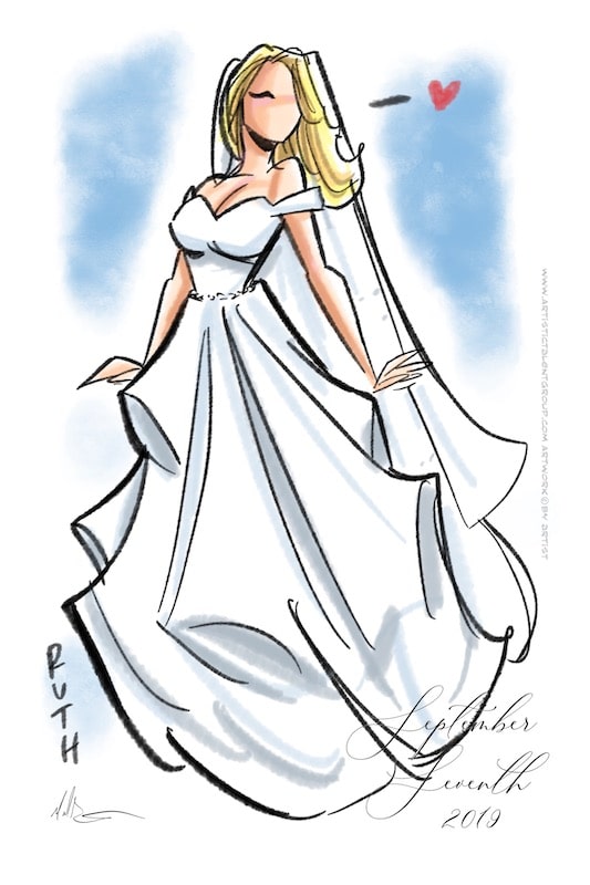 drawing of a bride in her wedding dress on her wedding day