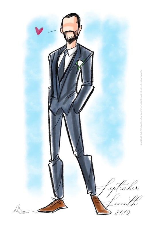 drawing of a groom in his suit on his wedding day